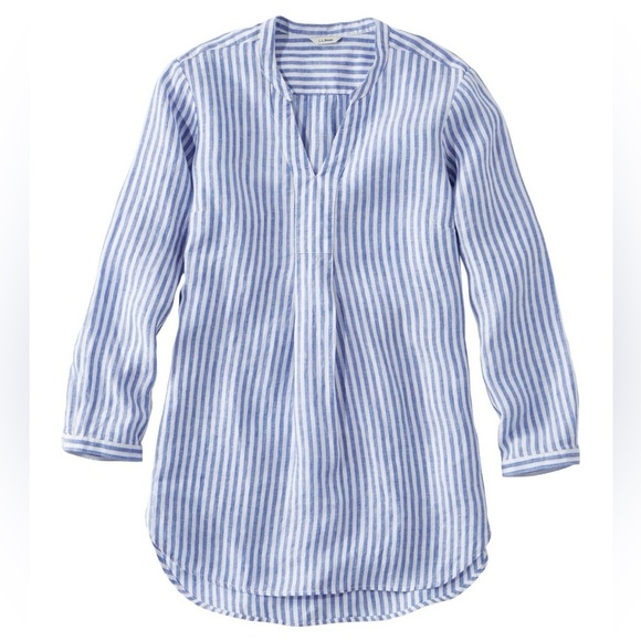 LL BEAN Women's 100% Linen Blue Striped Split-neck Long Sleeve Popover Tunic M - Picture 1 of 10